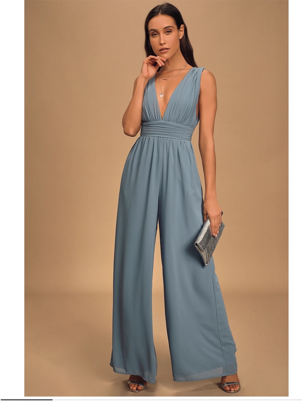 Lulus Divine Muse Slate Blue Wide Leg Lightweight Chiffon Jumpsuit Medium